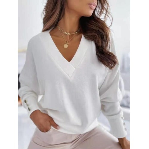 2023-as gombos mandzsettával díszített, nyakú, hosszú ujjú alkalmi pulóver