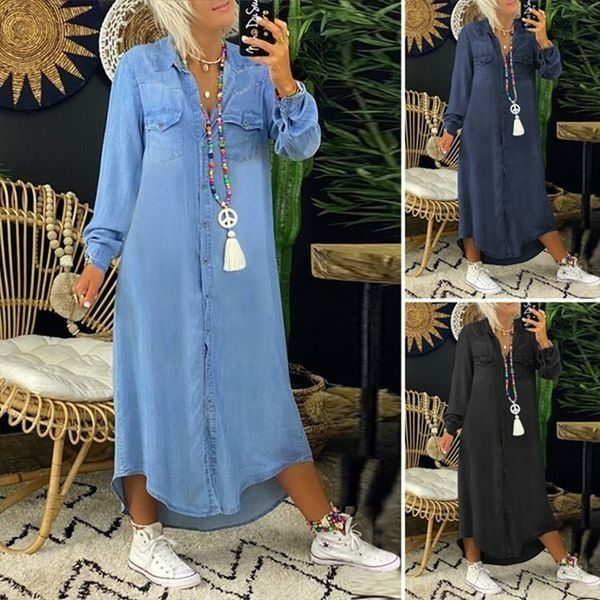 [S-5XL] 2024 új inggalléros farmer ruha alkalmi hosszú szoknya
