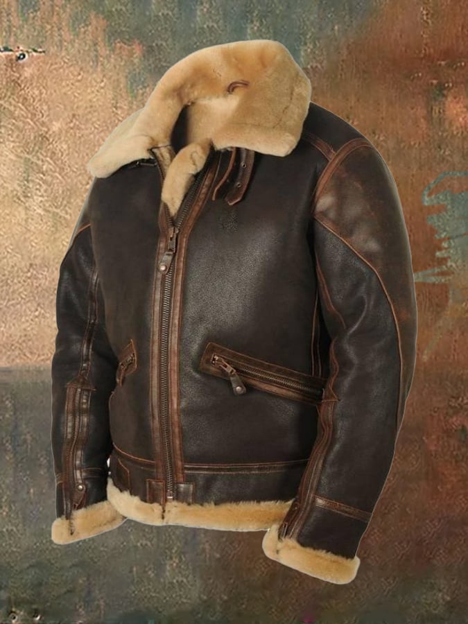 Férfi Vintage alkalmi hajtókás cipzáros műszőrme bőrdzseki