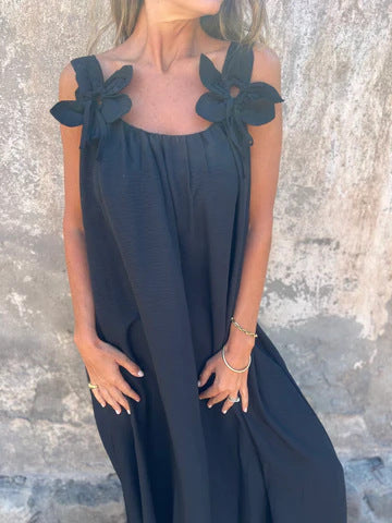 💕Egyszínű női ruha virágmintával, U-alakú nyakkivágással