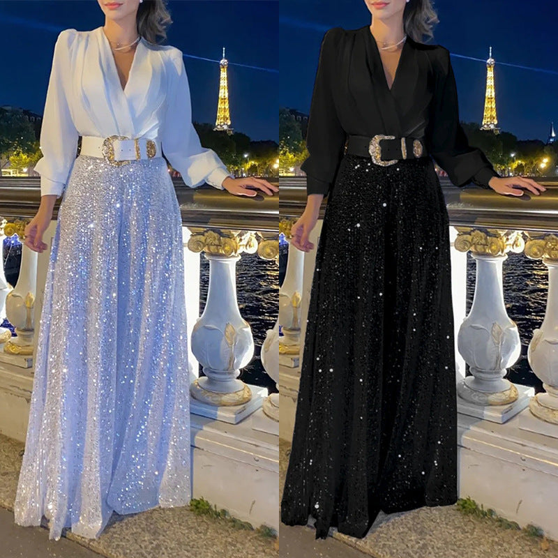 Bő jumpsuit hosszú ujjú, garbós inggel kombinálva