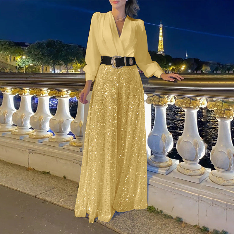 Bő jumpsuit hosszú ujjú, garbós inggel kombinálva