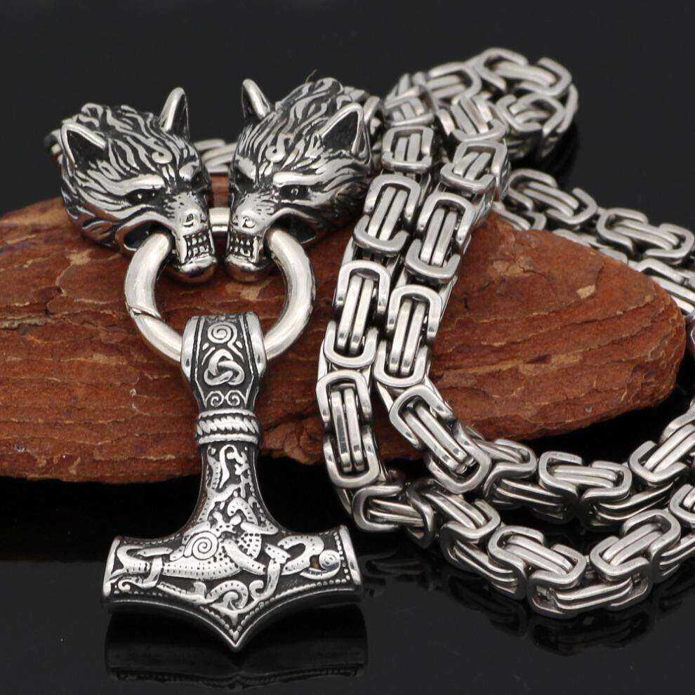 NordyckoTM |. Nordic Viking stílusú farkasfej nyaklánc kalapáccsal