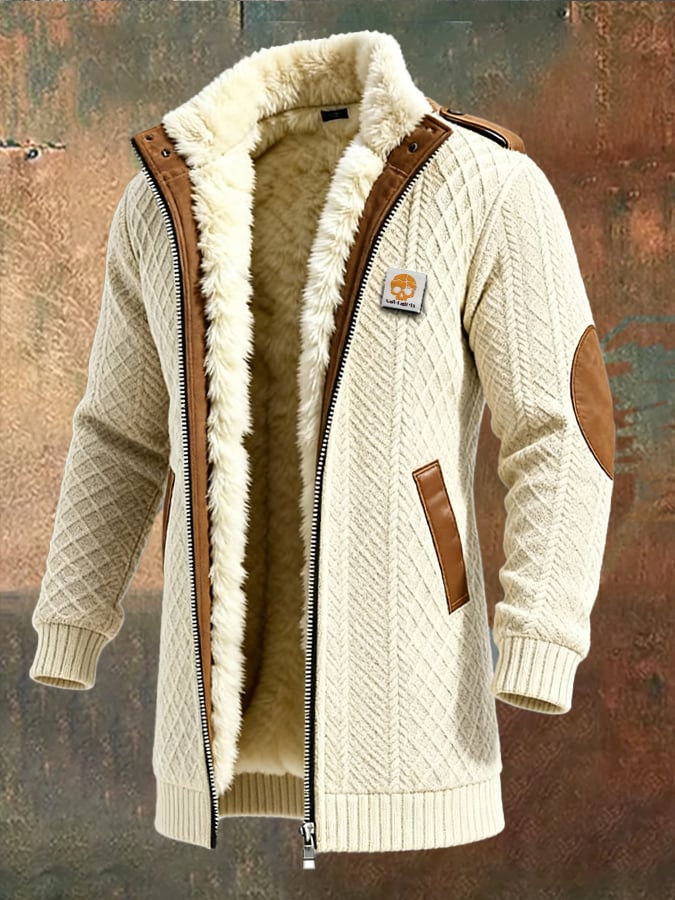Férfi retró kötött kabát jacquard patchwork mintával, plüss béléssel, meleg, középhosszú