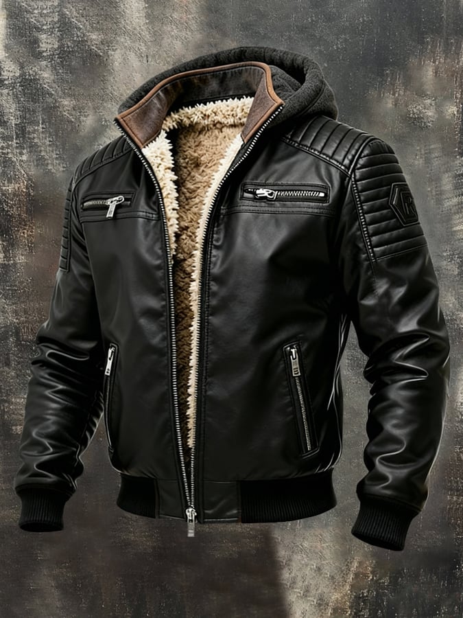 Férfi retró kültéri kabát meleg, puha bőrből, kapucnival