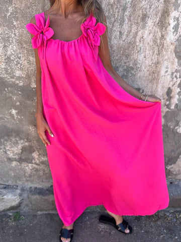 💕Egyszínű női ruha virágmintával, U-alakú nyakkivágással