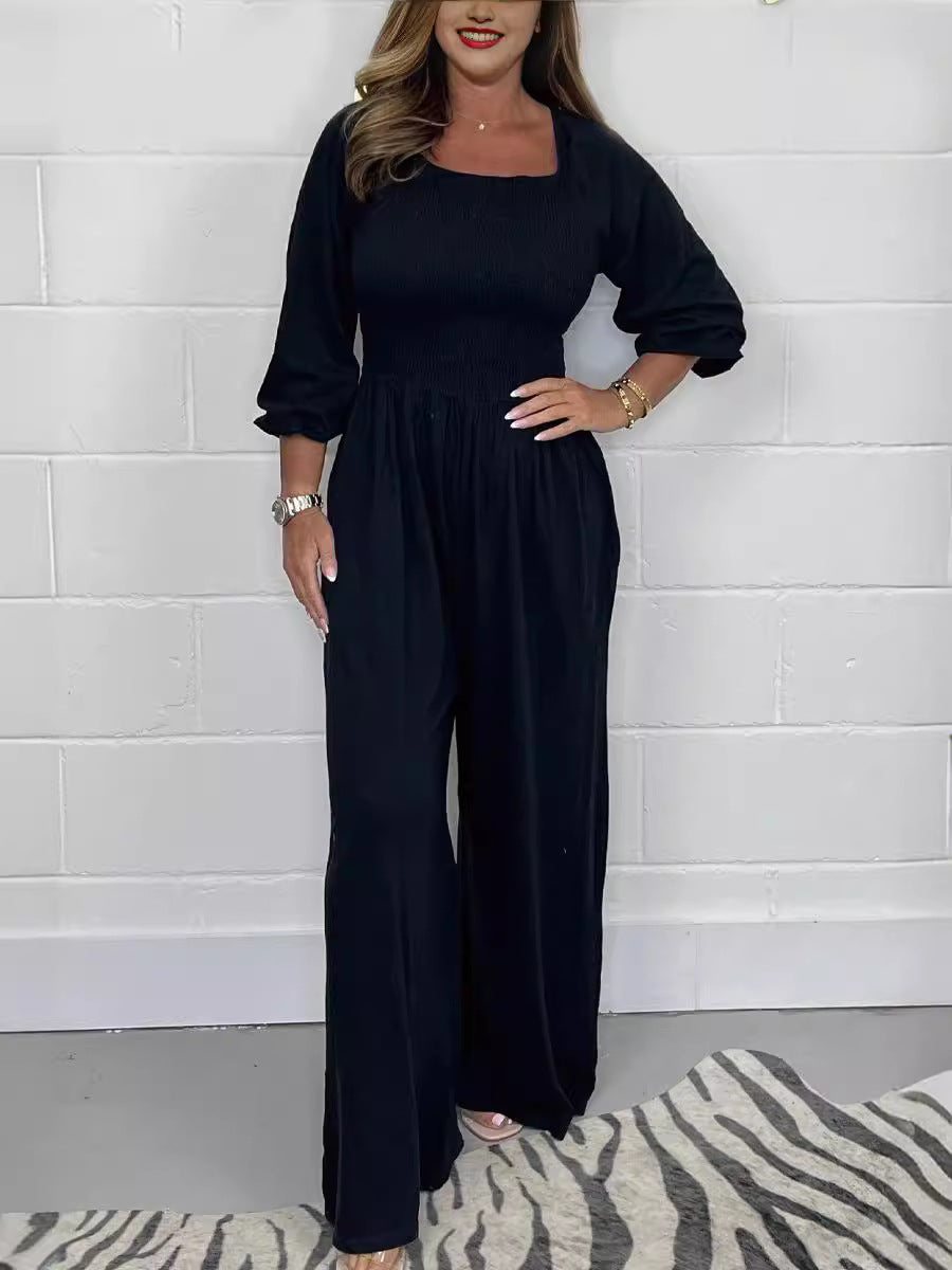 Szögletes galléros elasztikus derékú jumpsuit nyári divat