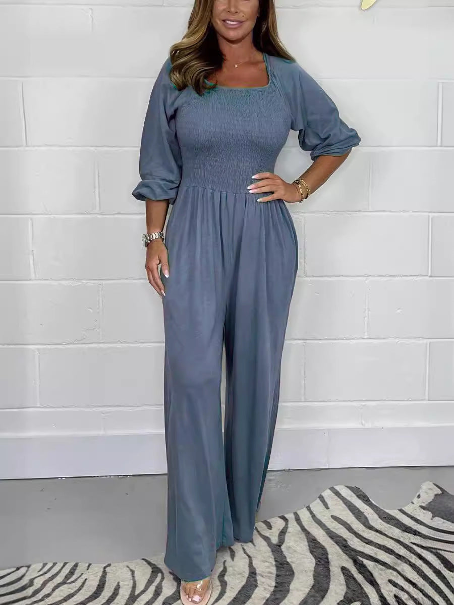 Szögletes galléros elasztikus derékú jumpsuit nyári divat