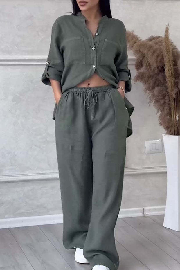 🌸Pamutból és lenből készült kétrészes női öltöny Gombokkal rögzíthető ing és nadrág.