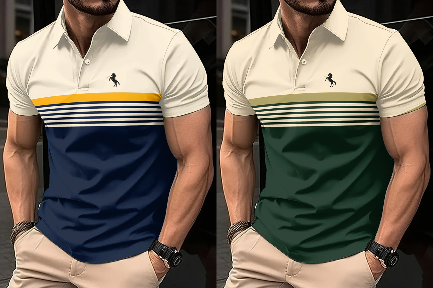 2 csomagos férfi hétköznapi rövid ujjú pólóingek, 3D lómintás, színes csíkok, sportos stílus, könnyű poliészter szövet, gombolható golfpóló