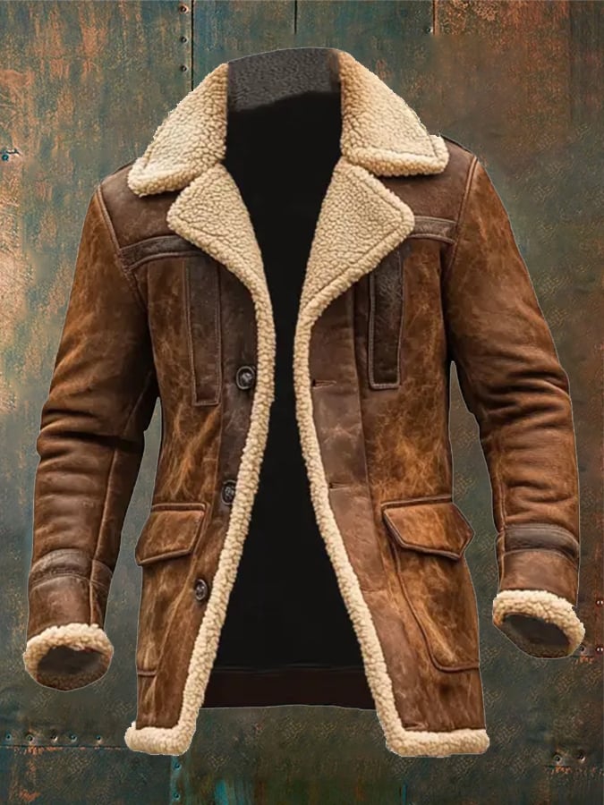 Férfi Vintage velúr patchwork plüss, többzsebű, fordított galléros kültéri kabát