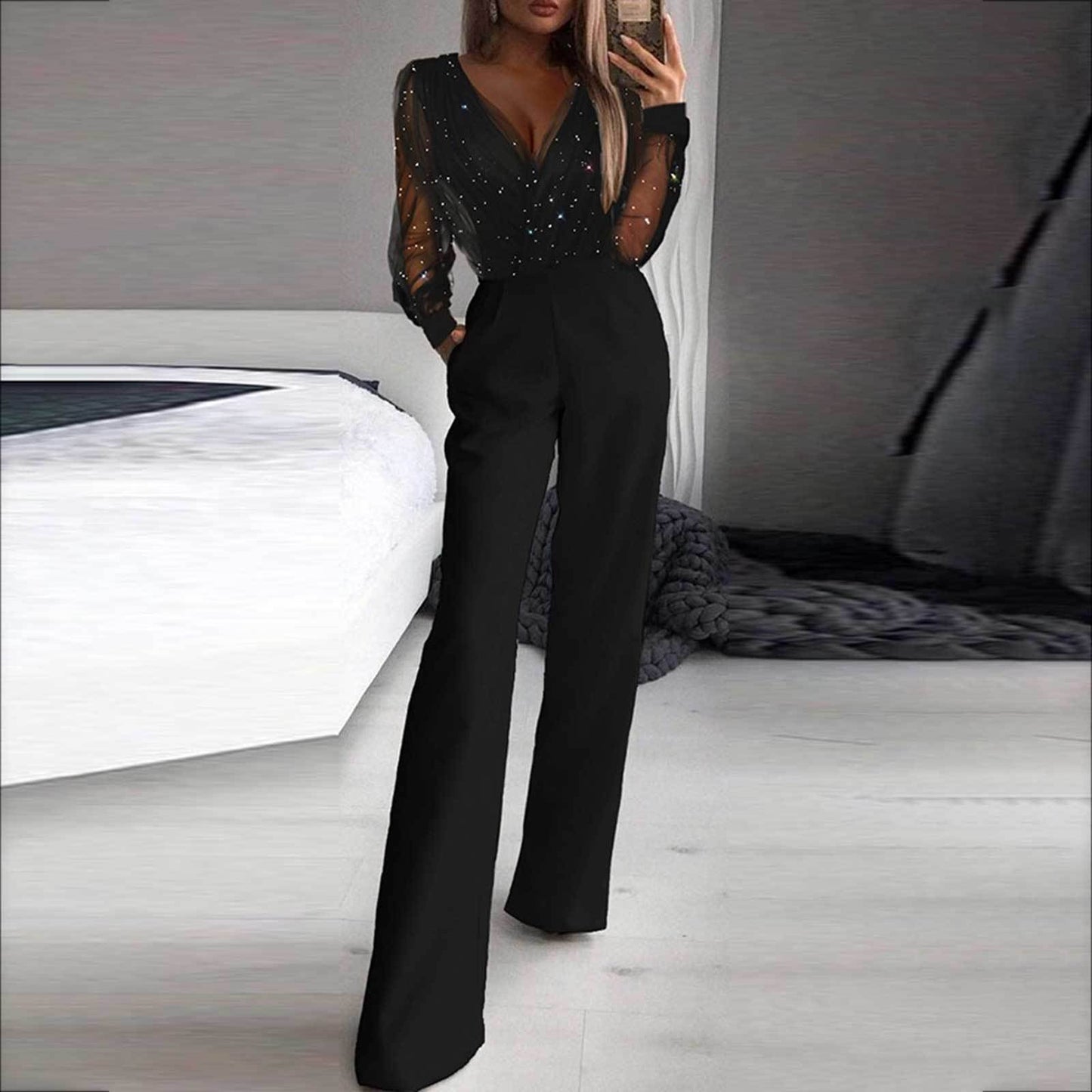 Fekete csillogó jumpsuit