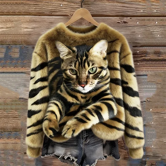 Egy kényelmes plüss pulóver tigris és cirmos cica mintával