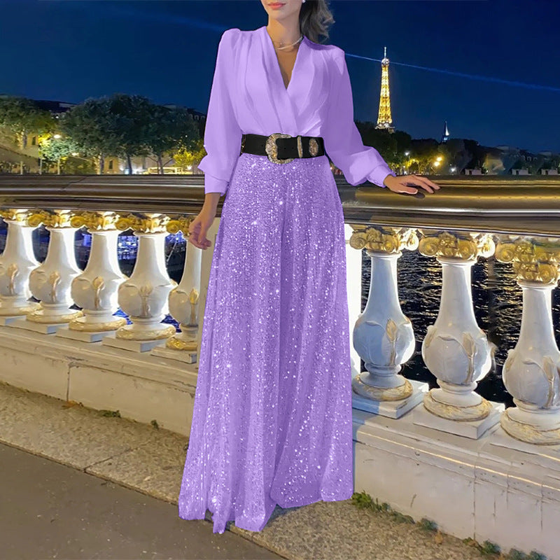 Bő jumpsuit hosszú ujjú, garbós inggel kombinálva