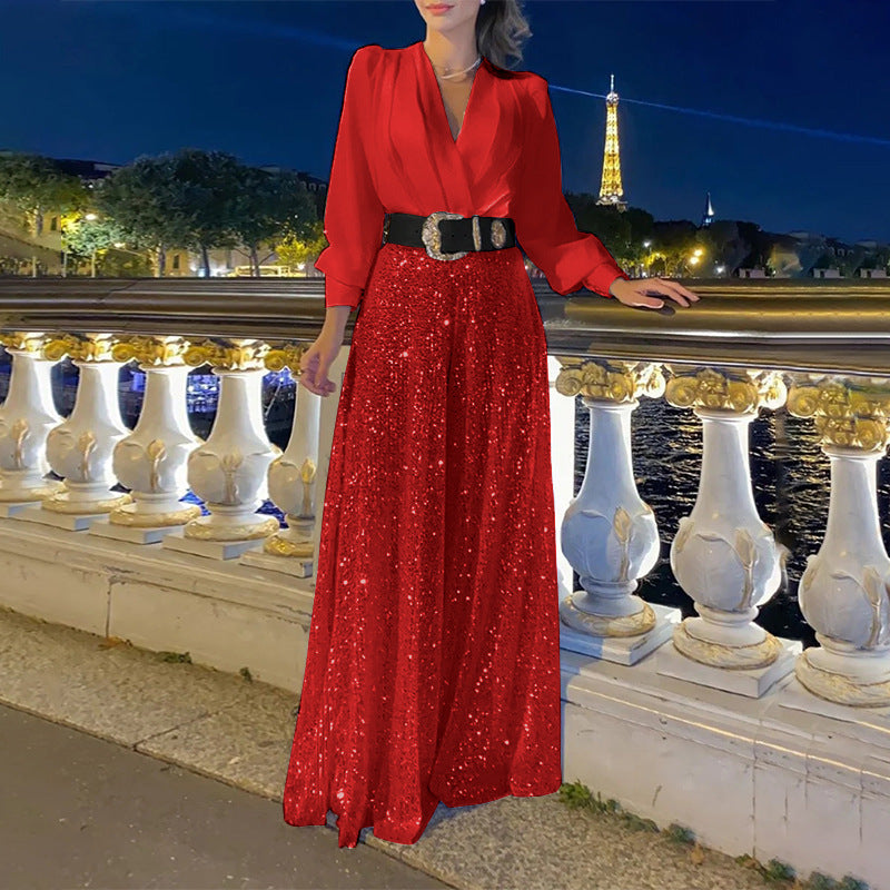 Bő jumpsuit hosszú ujjú, garbós inggel kombinálva