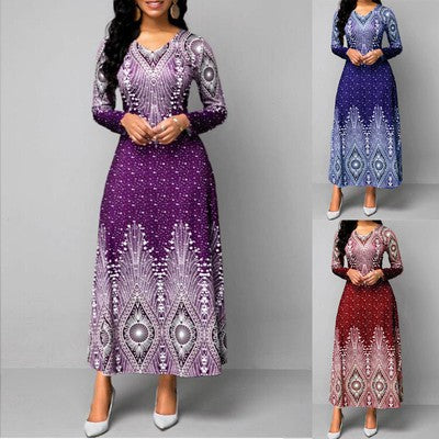[S~5XL] 2023-as retro nyomtatású, hosszú ujjú, kerek nyakú ruha, V-nyakú