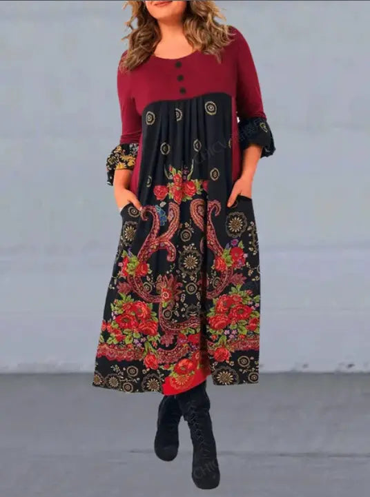 【S-5XL】 👗 2023-as új őszi és téli retro mintás hosszú ujjú alkalmi ruha