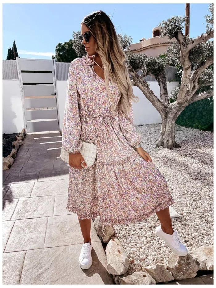 Boho virágmintás alkalmi tengerparti alkalmi hosszú ujjú ruha
