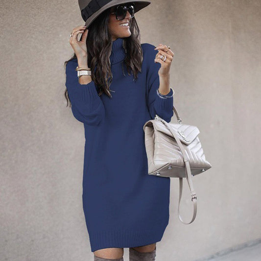 2022-ben női őszi és téli pulóver egyszínű középhosszú garbós pulóver