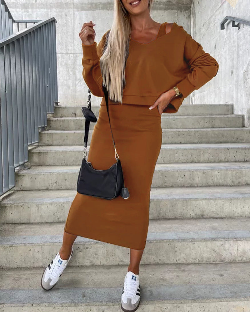 2023-as új őszi, téli, kétrészes szett V nyakú kapucnis pulóver szett