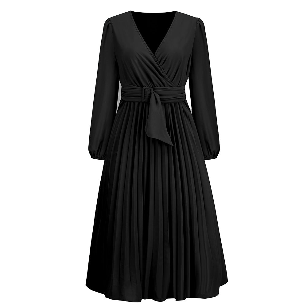 2023-as őszi-téli szexi V-nyakú lámpás ujjú elegáns rakott szoknya