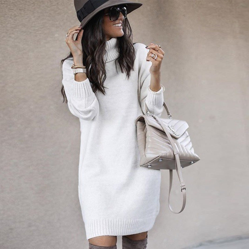 2022-ben női őszi és téli pulóver egyszínű középhosszú garbós pulóver