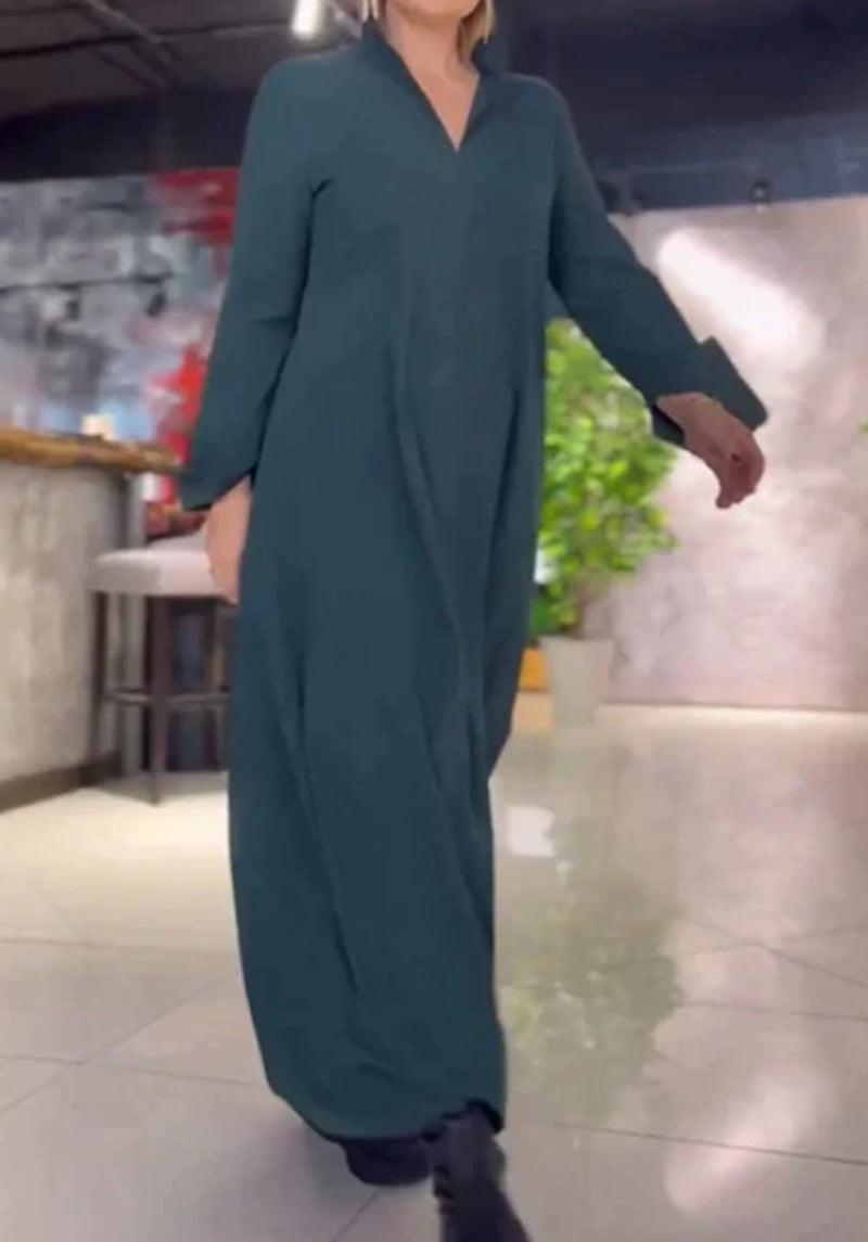 2023-as új őszi és téli lezser egyszínű, kerek nyakú, hosszú ujjú női ruha