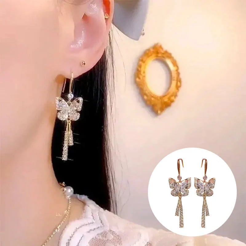 🔥 PROMOÇÃO AGORA COM 49% DE DESCONTO 🎁 BRINCOS DE BORLA BORBOLETA DE CRISTAL