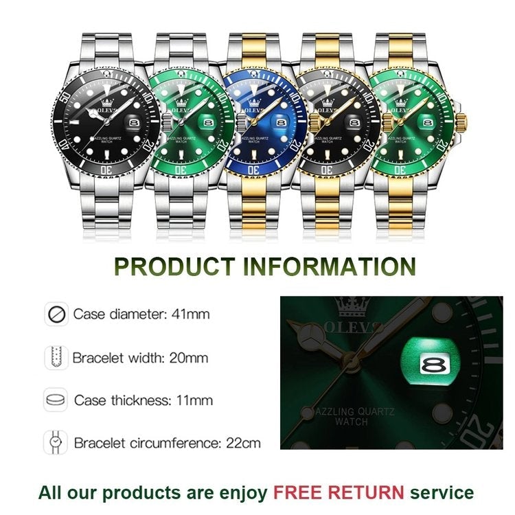 OLEVS GREEN WATER GHOST QUARTZ WATCH VÍZÁLLÓ LUXUS FÉRFI ÓRA