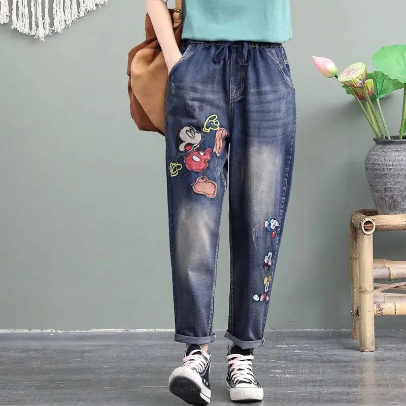 【S-5XL】 Női alkalmi retro hímzésű, nagyobb méretű farmernadrág